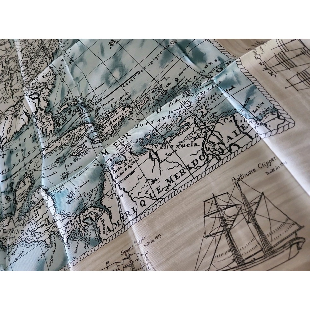 Estate Vintage Lands End Silk AMERICAS ANTIQUE MAPS SHIPS 35" Scarf Wrap Lux